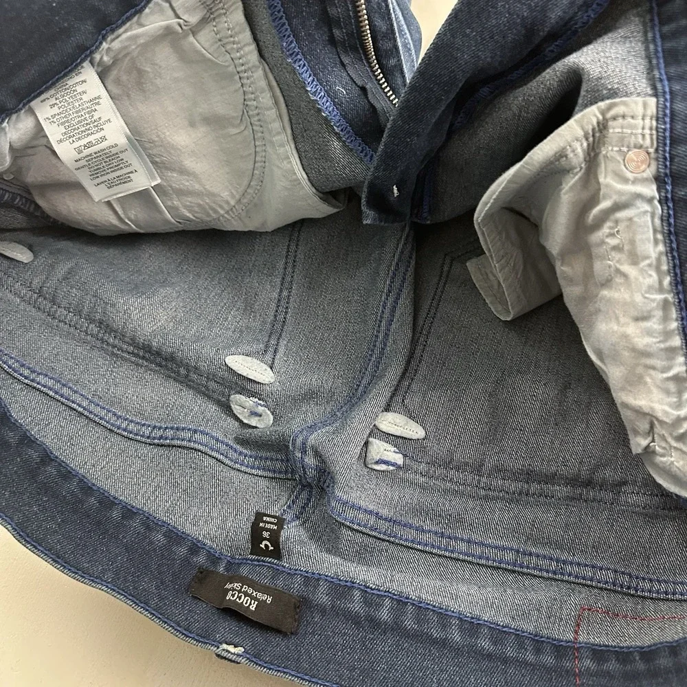 True Religion Rocco SN Relaxed Skinny Jeans Men 36x32 Blue Flap Pockets Stretch